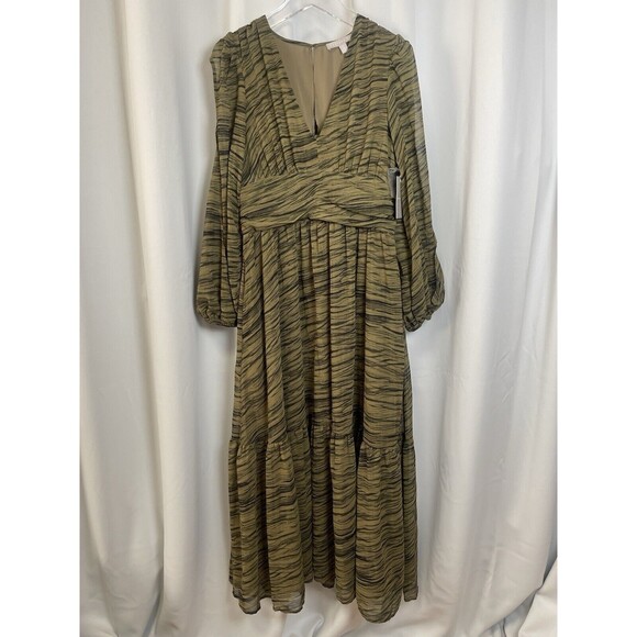 Chelsea28 Split Long Sleeve Tiered Dress In Olive Black Geode Stripe Sz M New - Picture 5 of 11